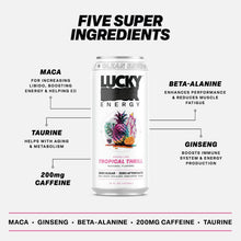 Load image into Gallery viewer, Lucky Energy Sparkling Energy Drink, Tropical Thrill, 16oz (Pack of 12)
