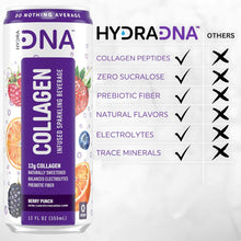 Load image into Gallery viewer, HydraDNA Collagen Infused Sparkling Drink, Berry Punch, 12oz (Pack of 12)