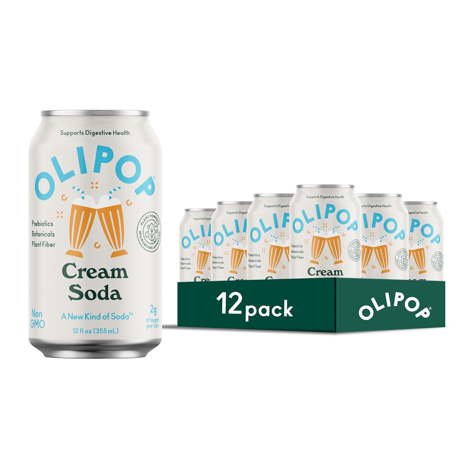 Olipop Sparkling Prebiotic Soda, Cream Soda, 12oz (Pack of 12