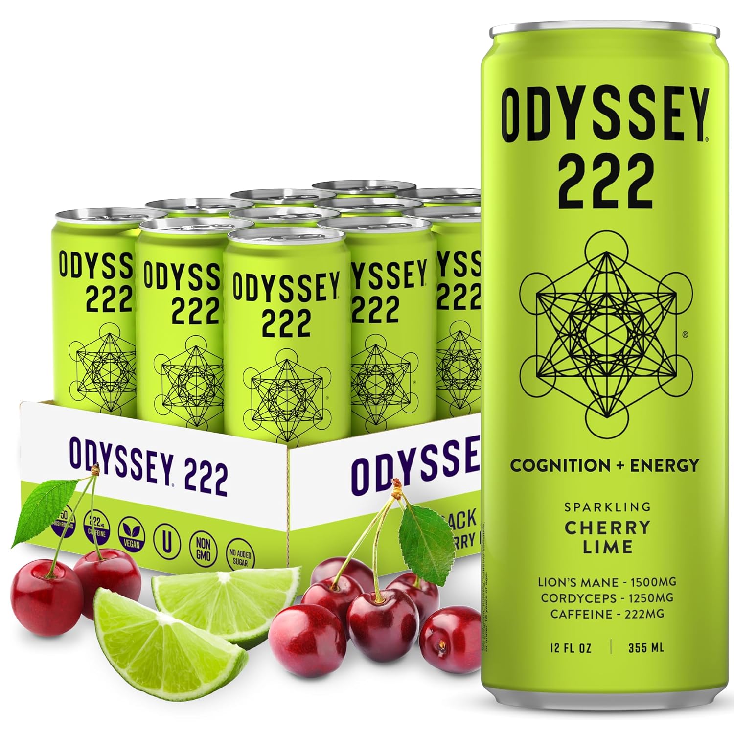 Odyssey 222 Sparkling Energy Drink, Cherry Lime, 12oz (Pack of 12