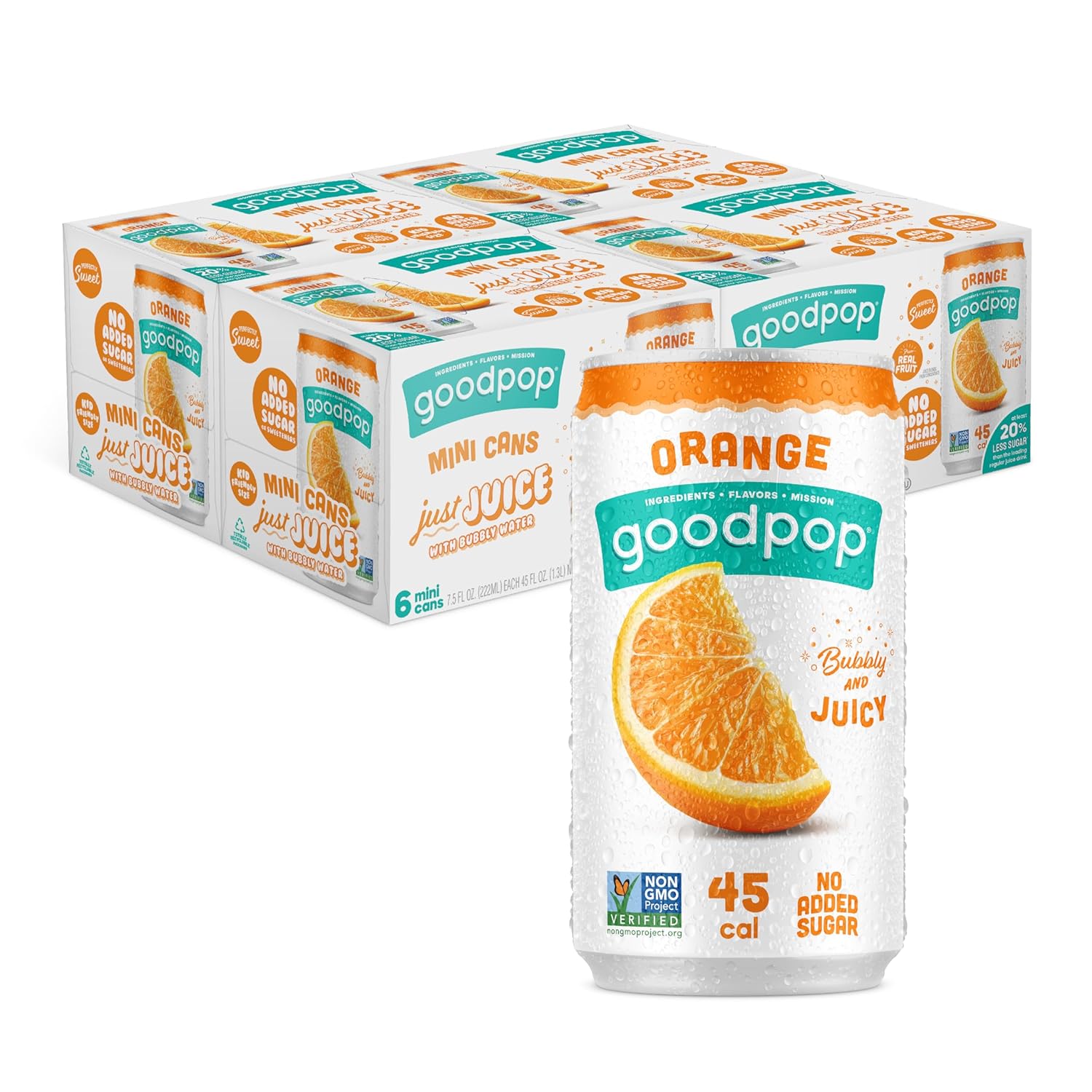 Goodpop Juice with Bubbly Water, Orange, (Pack of 24