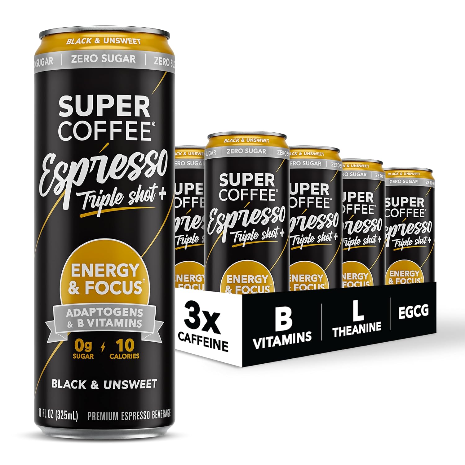 Super Coffee Espresso, Triple Shot Black & Unsweet, 11oz (Pack of