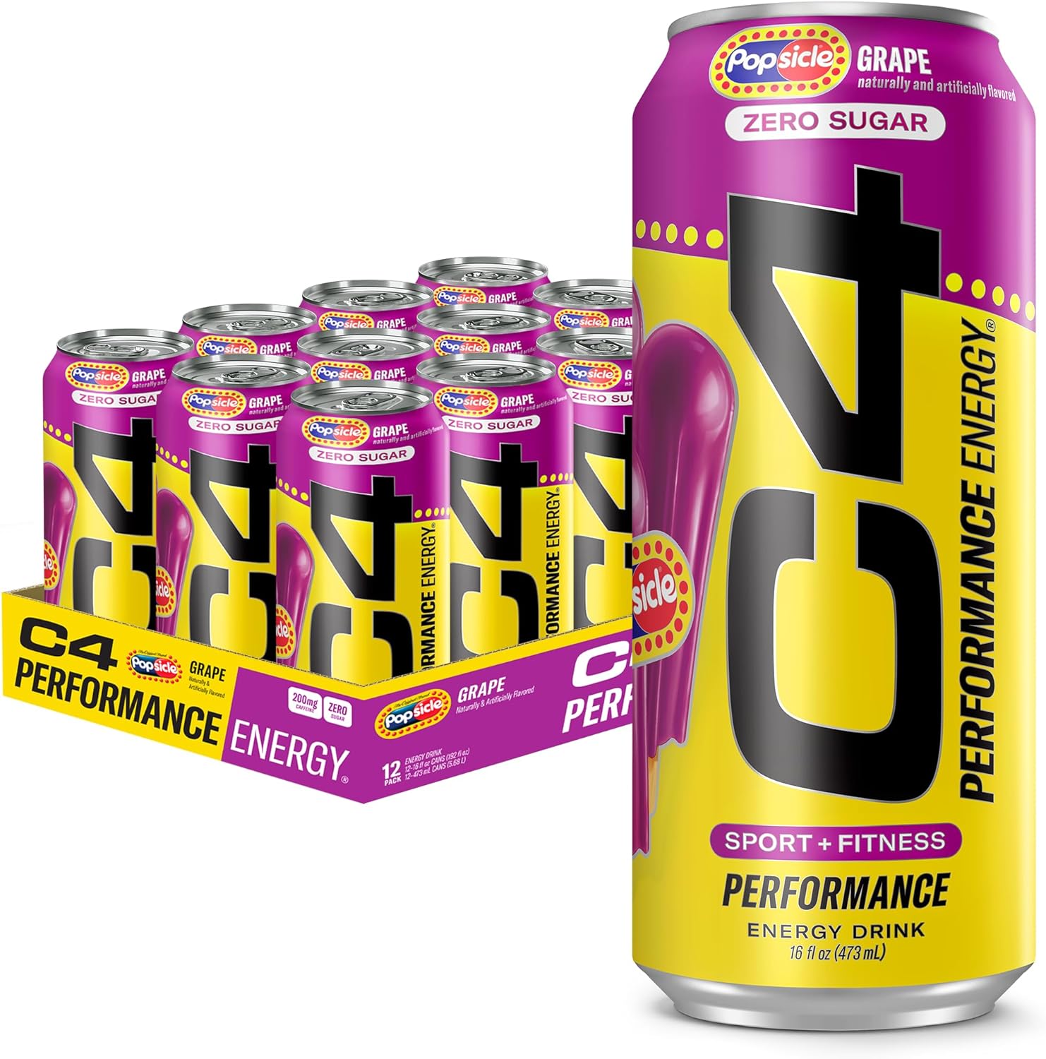 C4 Zero Sugar Energy Drink, Popsicle Grape, 16oz (Pack of 12) Oasis