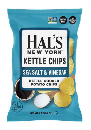 Hal's New York Kettle Cooked Gluten Free Potato Chips, Sea Salt & Vinegar, 2 oz (Pack of 24) - Oasis Snacks