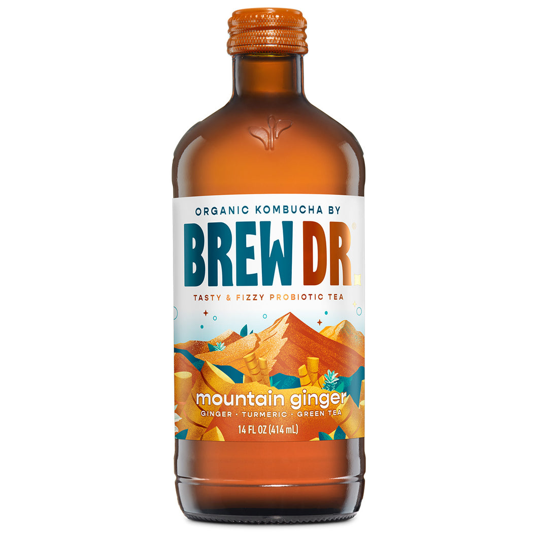 Brew Dr. Organic Kombucha Drink, Mountain Ginger, 14 fl oz Glass Bottles (Pack of 12)