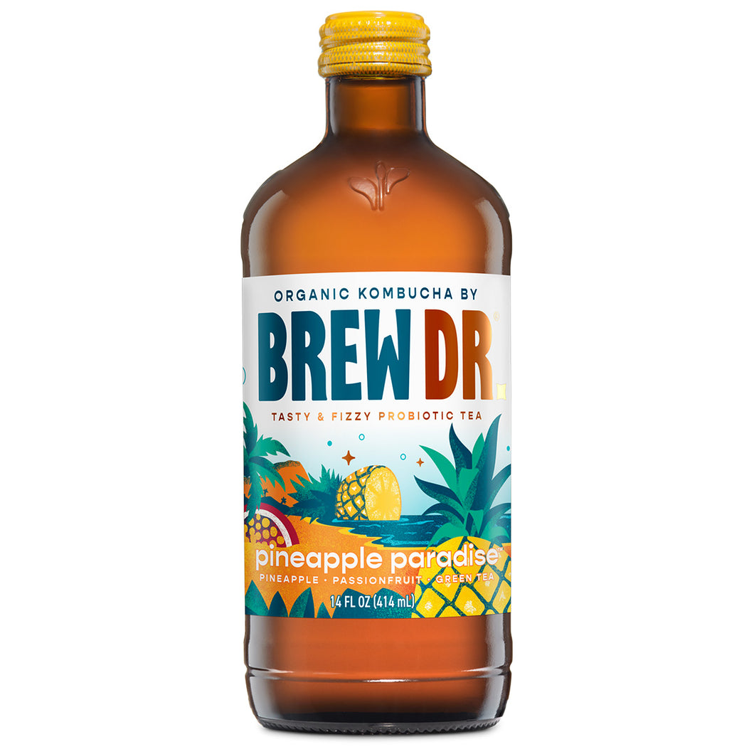 Brew Dr. Organic Kombucha Drink, Pineapple Paradise, 14 fl oz Glass Bottles (Pack of 12)