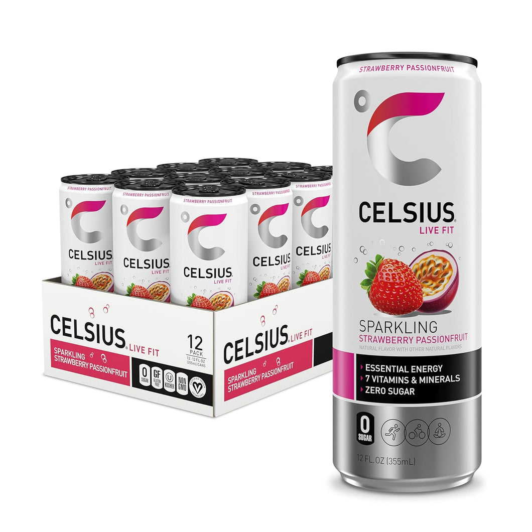 CELSIUS Sparkling Fitness Drink, Strawberry Passionfruit, 12oz (Pack of 12)