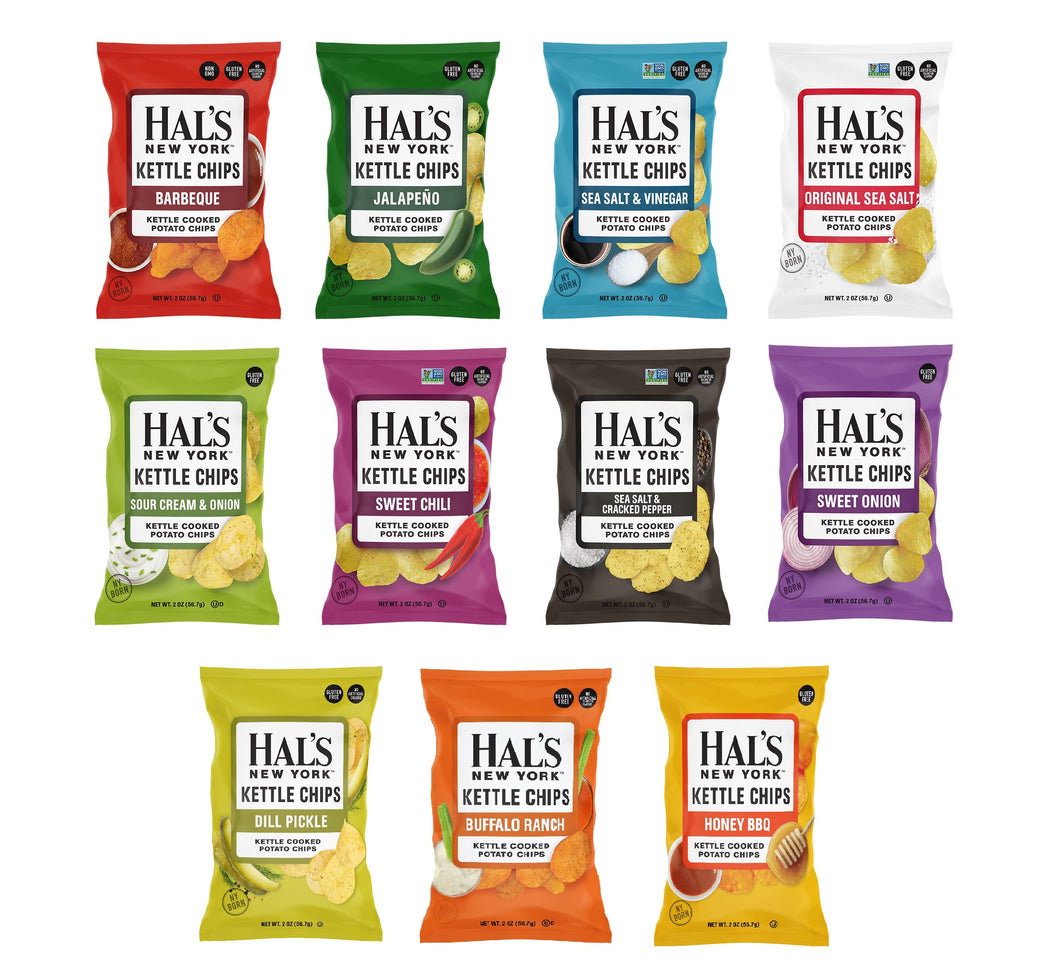 Hal's New York Kettle Cooked Potato Chips, Multi Flavor Variety Pack, 2 oz (Pack of 12)