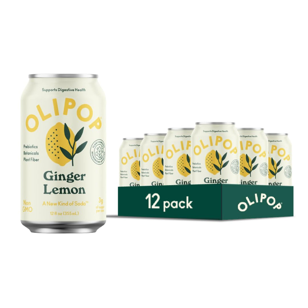Olipop Sparkling Prebiotic Soda, Ginger Lemon, 12oz (Pack of 12)