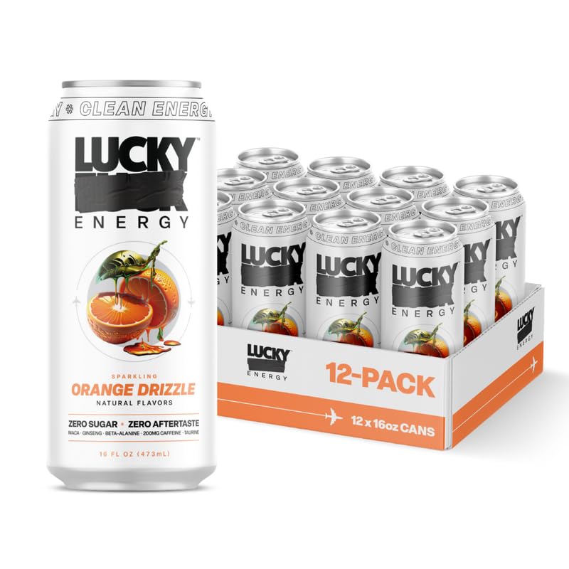 Lucky Energy Sparkling Energy Drink, Orange Drizzle, 16oz (Pack of 12)