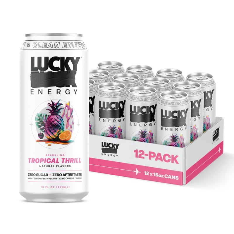 Lucky Energy Sparkling Energy Drink, Tropical Thrill, 16oz (Pack of 12)