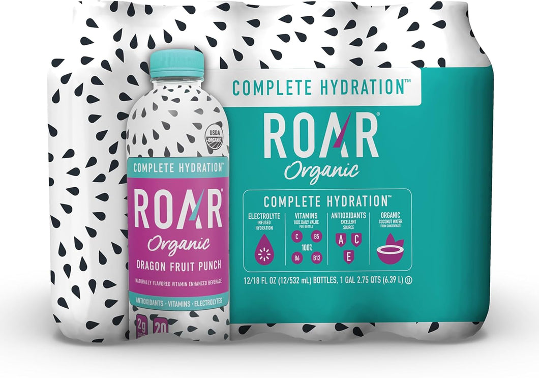 ROAR Organic Electrolyte Infusion Drink, Dragon Fruit Punch, 18 oz (Pack of 12)