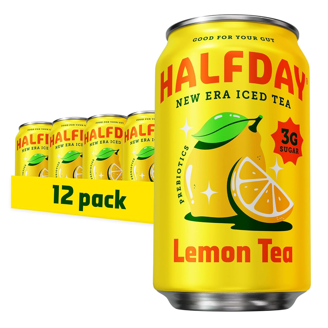 HALFDAY Prebiotic Iced Tea, Lemon, 12oz (Pack of 12)