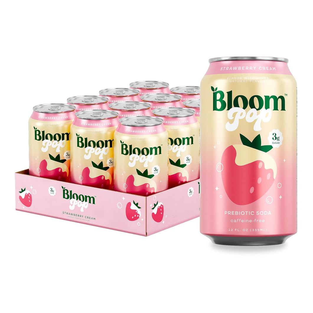 Bloom Pop Prebiotic Soda, Strawberry Cream, 12oz (Pack of 12)