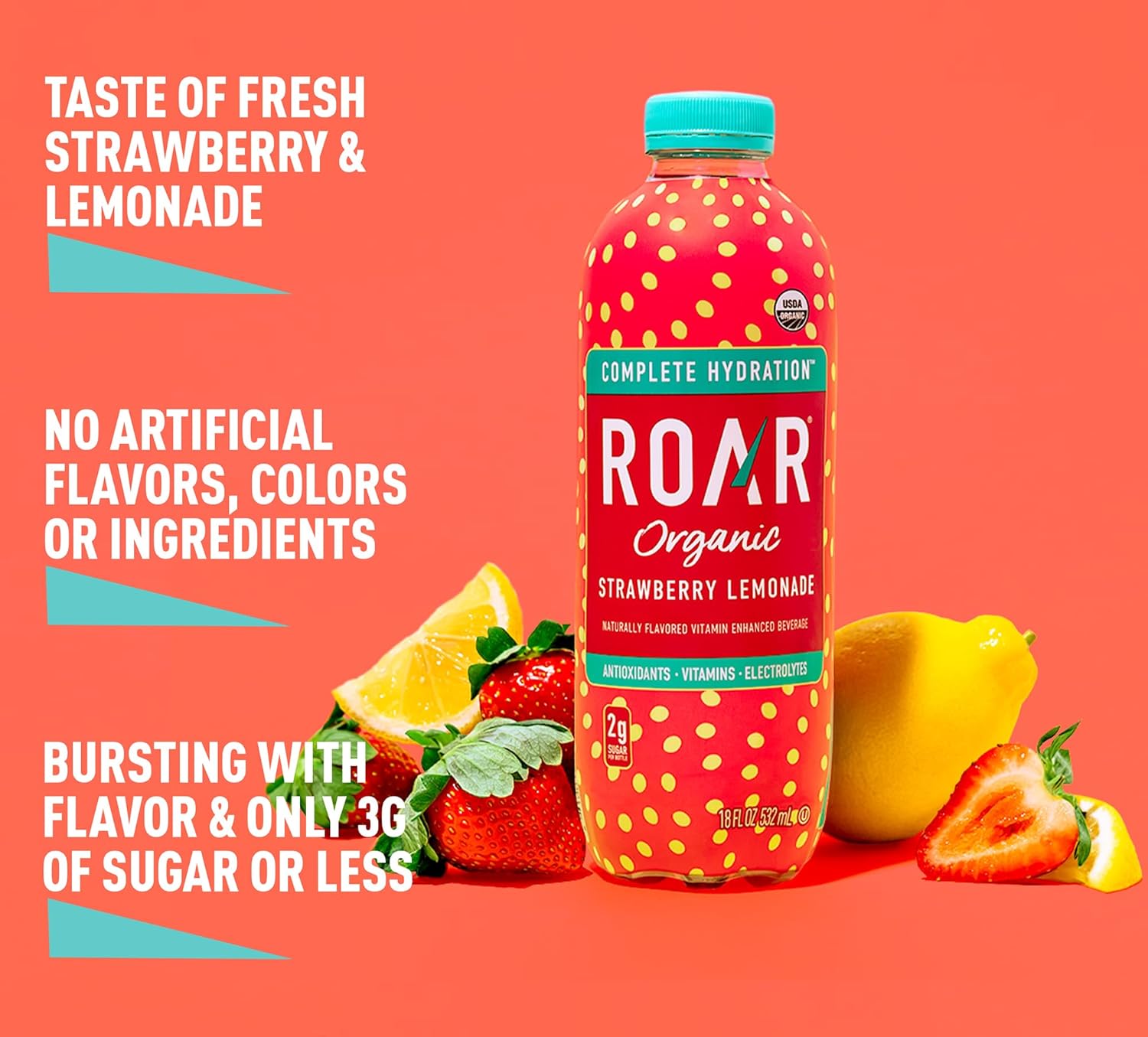 Roar Snacks ROAR Complete Hydration Organic Drink, Strawberry Lemonade, 18 oz (Pac ...
