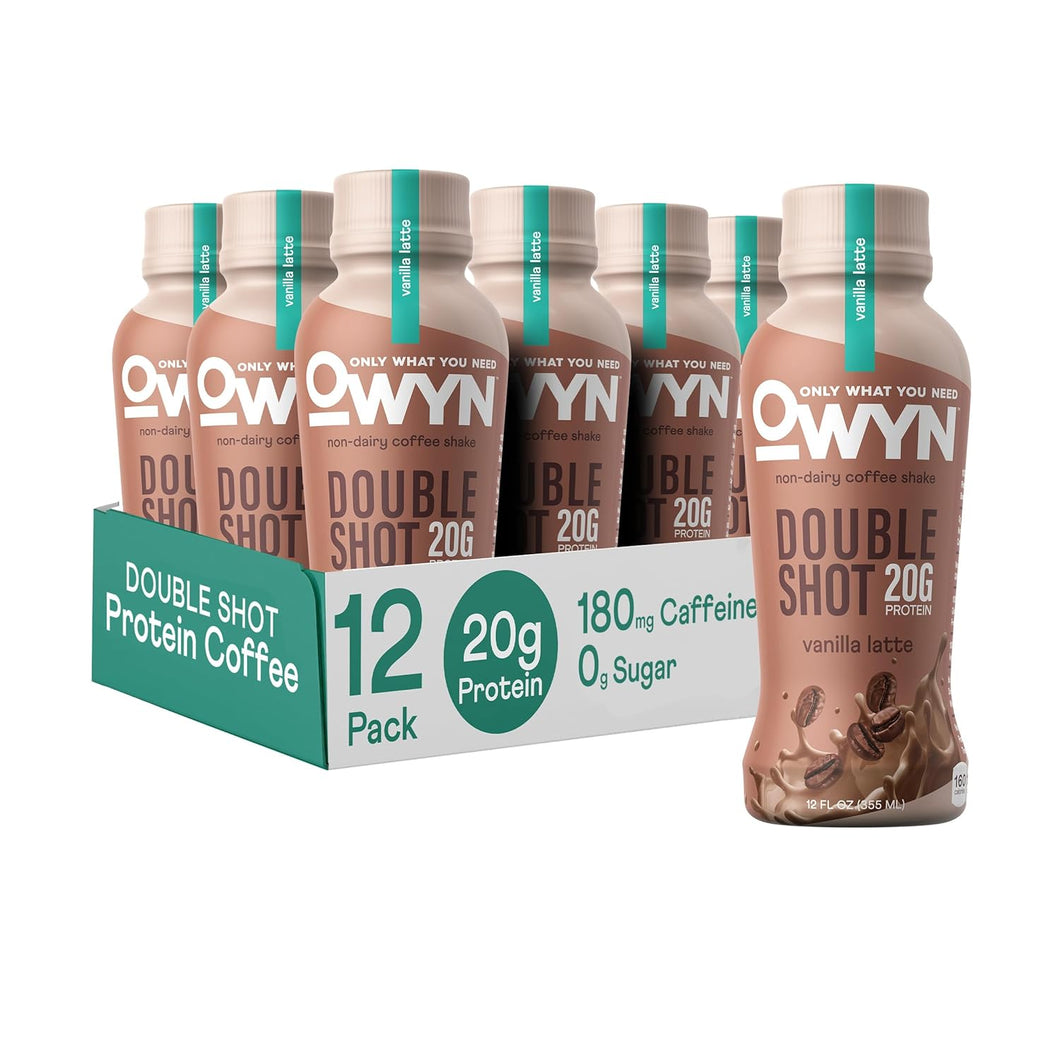 OWYN Non-Dairy Coffee Shake 20g Protein, Double Shot Vanilla Latte, 12oz (Pack of 12)