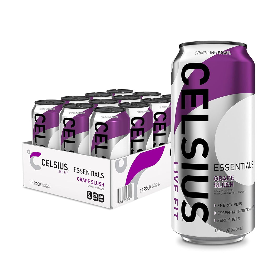 CELSIUS ESSENTIALS Sparkling Energy Drink, Grape Slush, 16oz (Pack of 12)