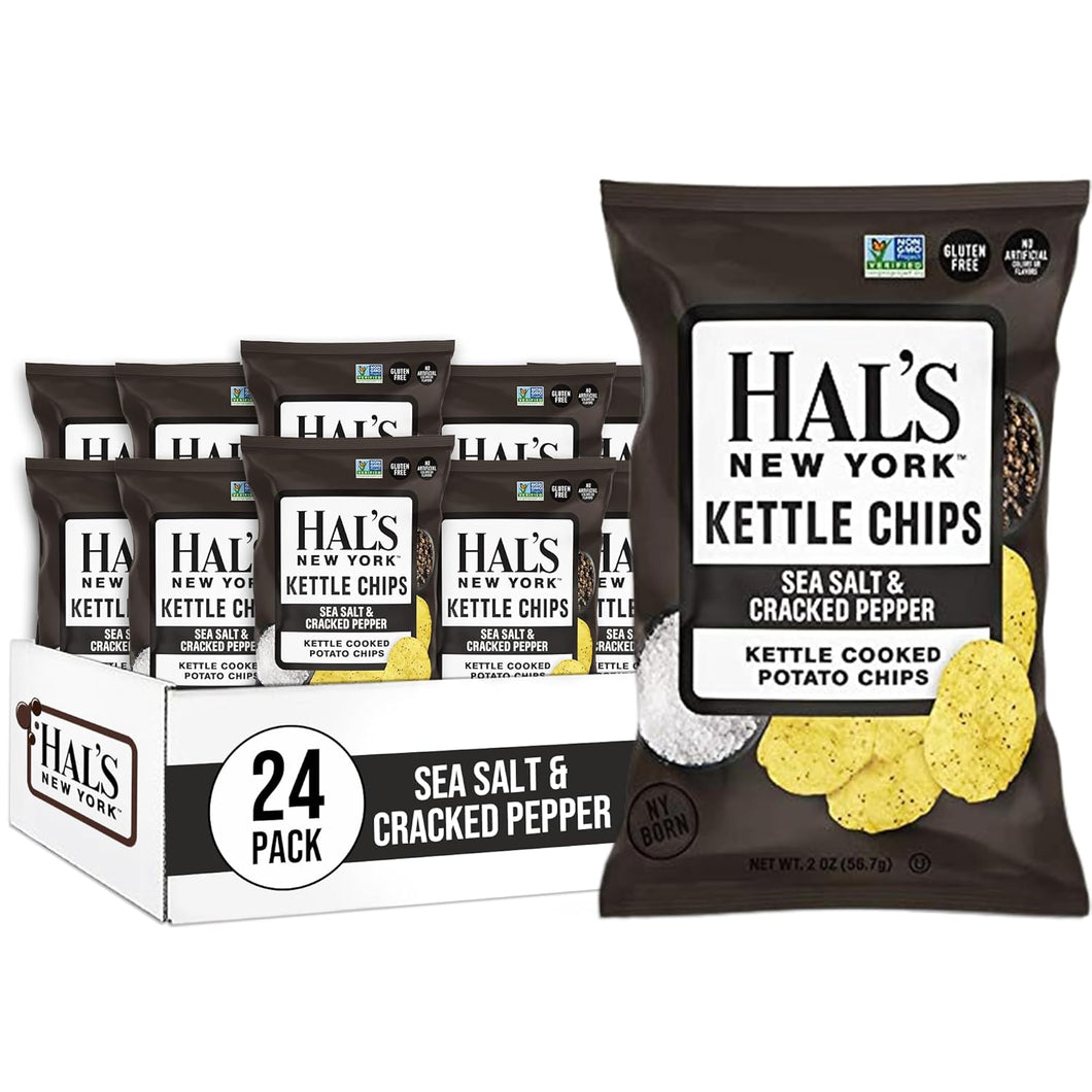 Hal's New York Kettle Cooked Potato Chips, Sea Salt & Cracked Pepper, 2 oz (Pack of 24)