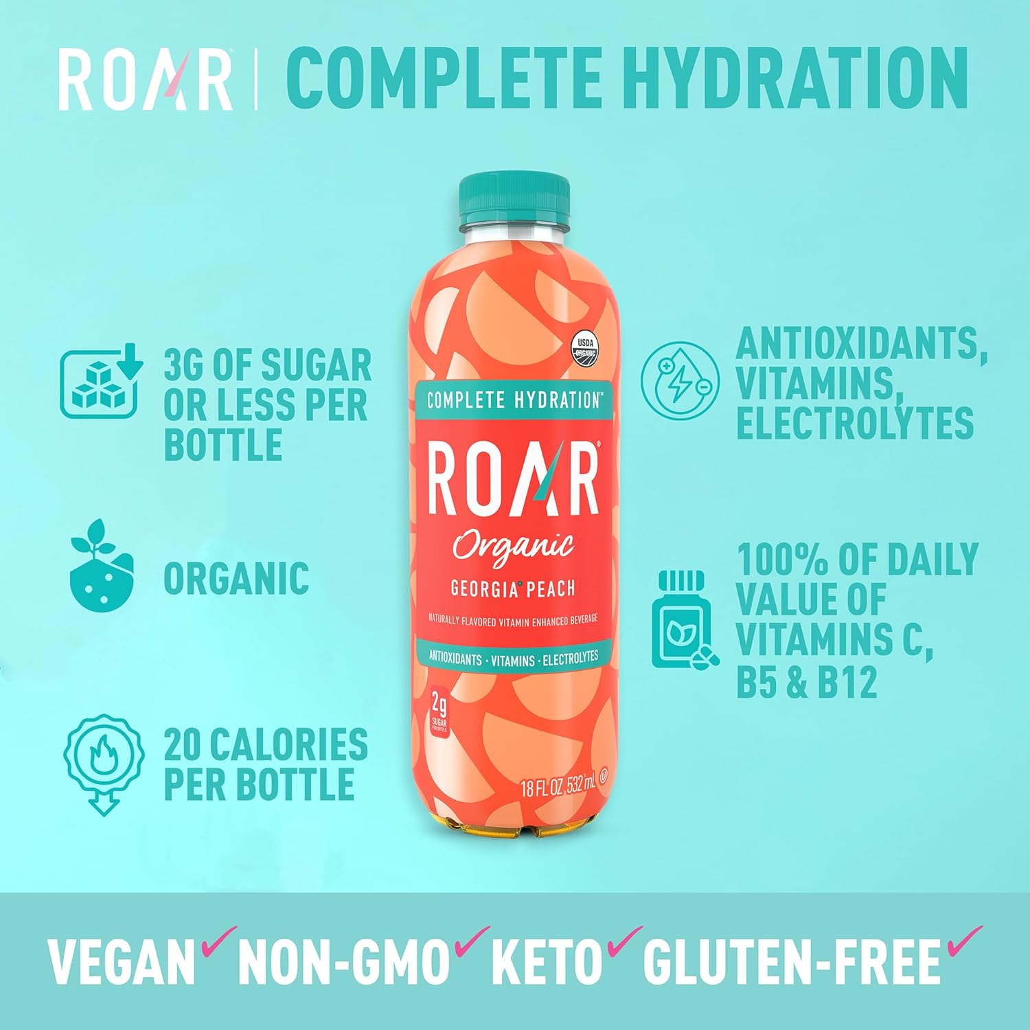 Roar Snacks ROAR Complete Hydration Organic Drink, Georgia Peach, 18 oz (Pack of 1 ...