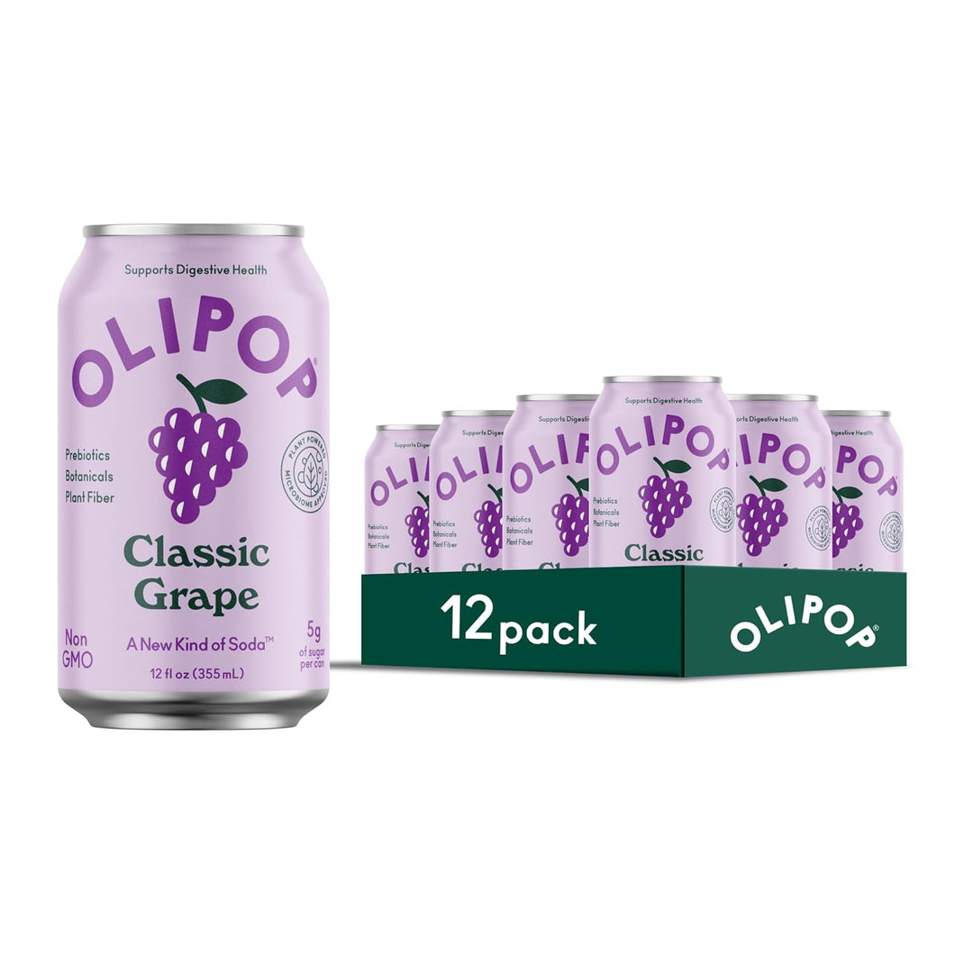 Olipop Sparkling Prebiotic Soda, Classic Grape, 12oz (Pack of 12)