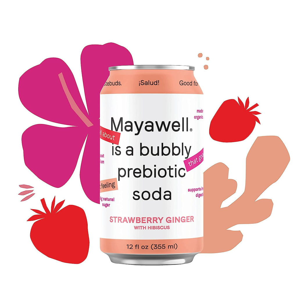 Mayawell Prebiotic Soda, Strawberry Ginger, 12oz (Pack of 12)