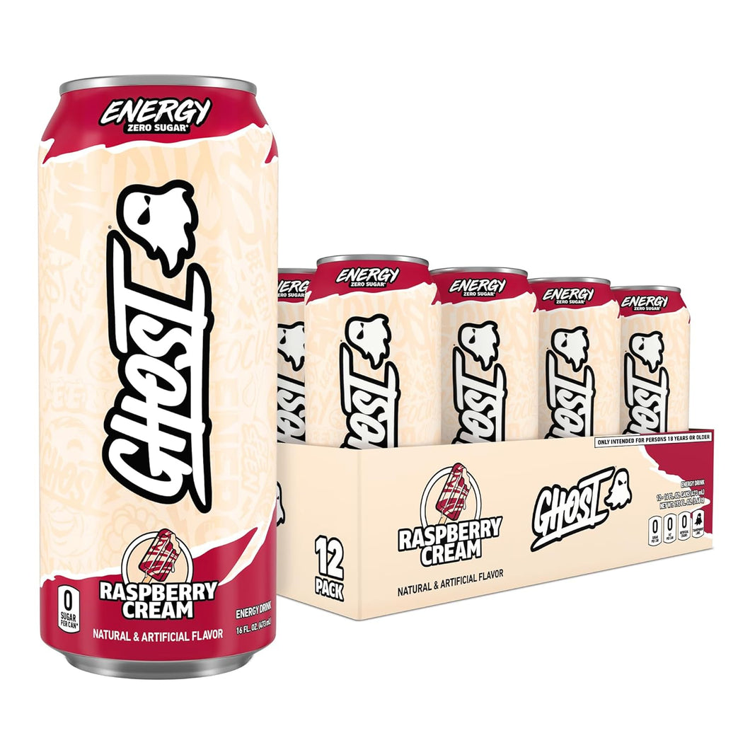 Ghost Energy Drink, Raspberry Cream, 16oz (Pack of 12)
