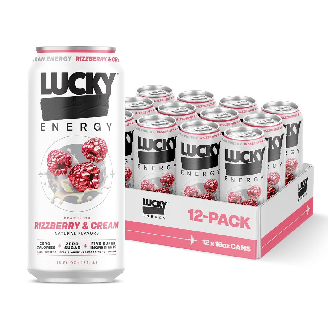 Lucky Energy Sparkling Energy Drink, Rizzberry & Cream, 16oz (Pack of 12)