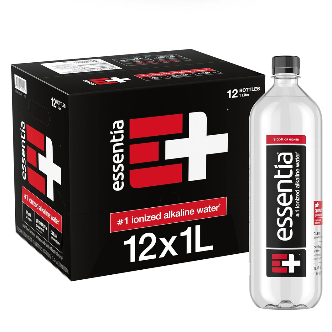 Essentia Ionized Alkaline 9.5 pH Bottled Water, 1 Liter, (Pack of 12)