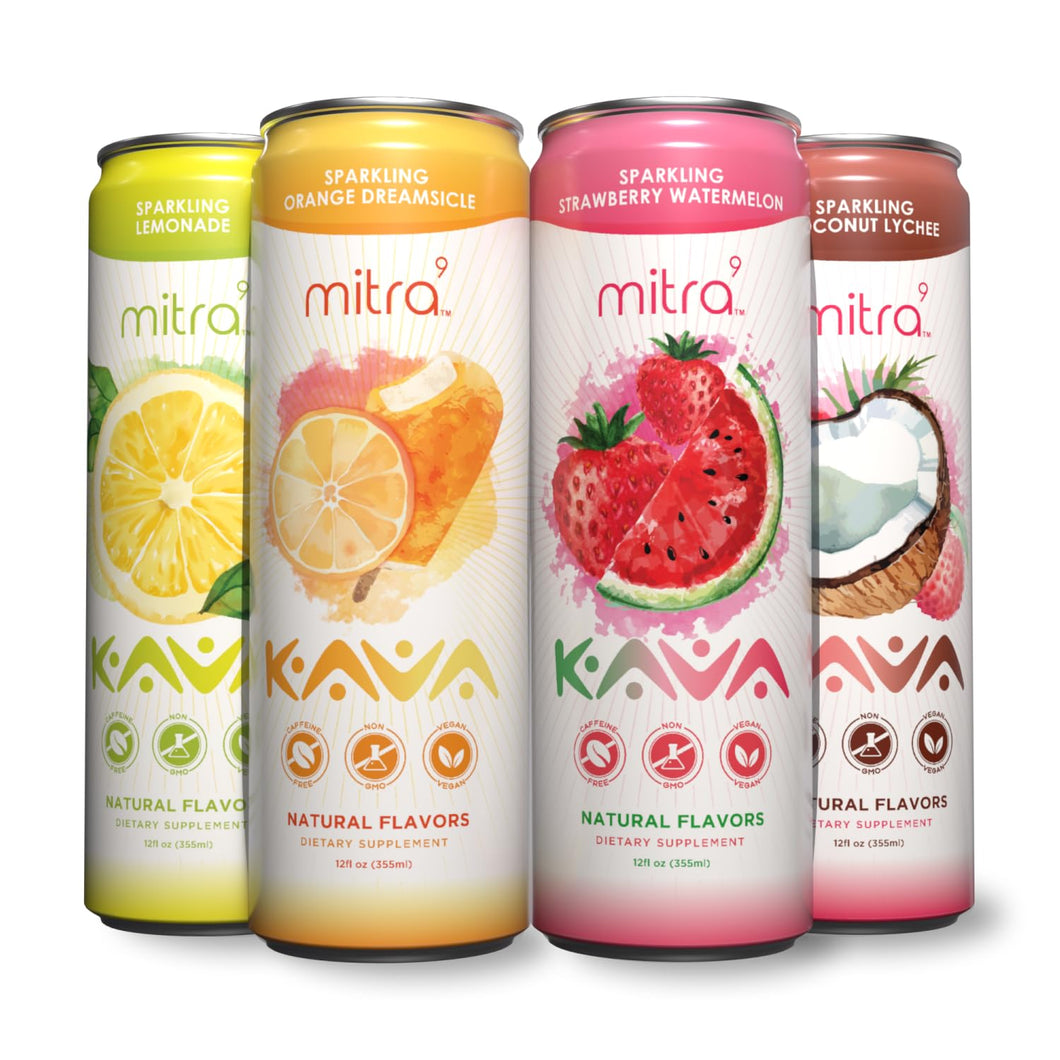 MITRA9 Sparkling Kava Beverage, 4 Flavor Variety, 12oz (Pack of 12)