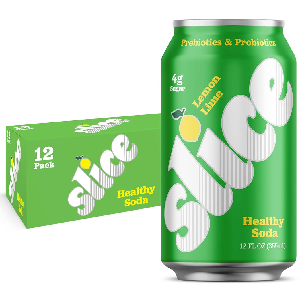 Slice Prebiotic & Probiotic Soda Pop, Lemon Lime, 12oz (Pack of 12)