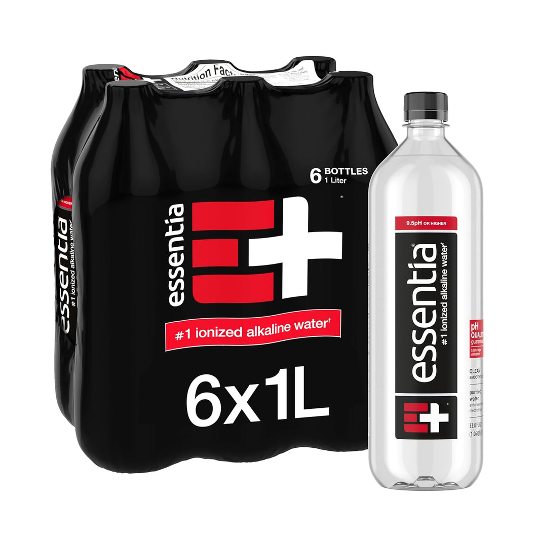 Essentia Ionized Alkaline 9.5 pH Bottled Water, 1 Liter, (Pack of 6)