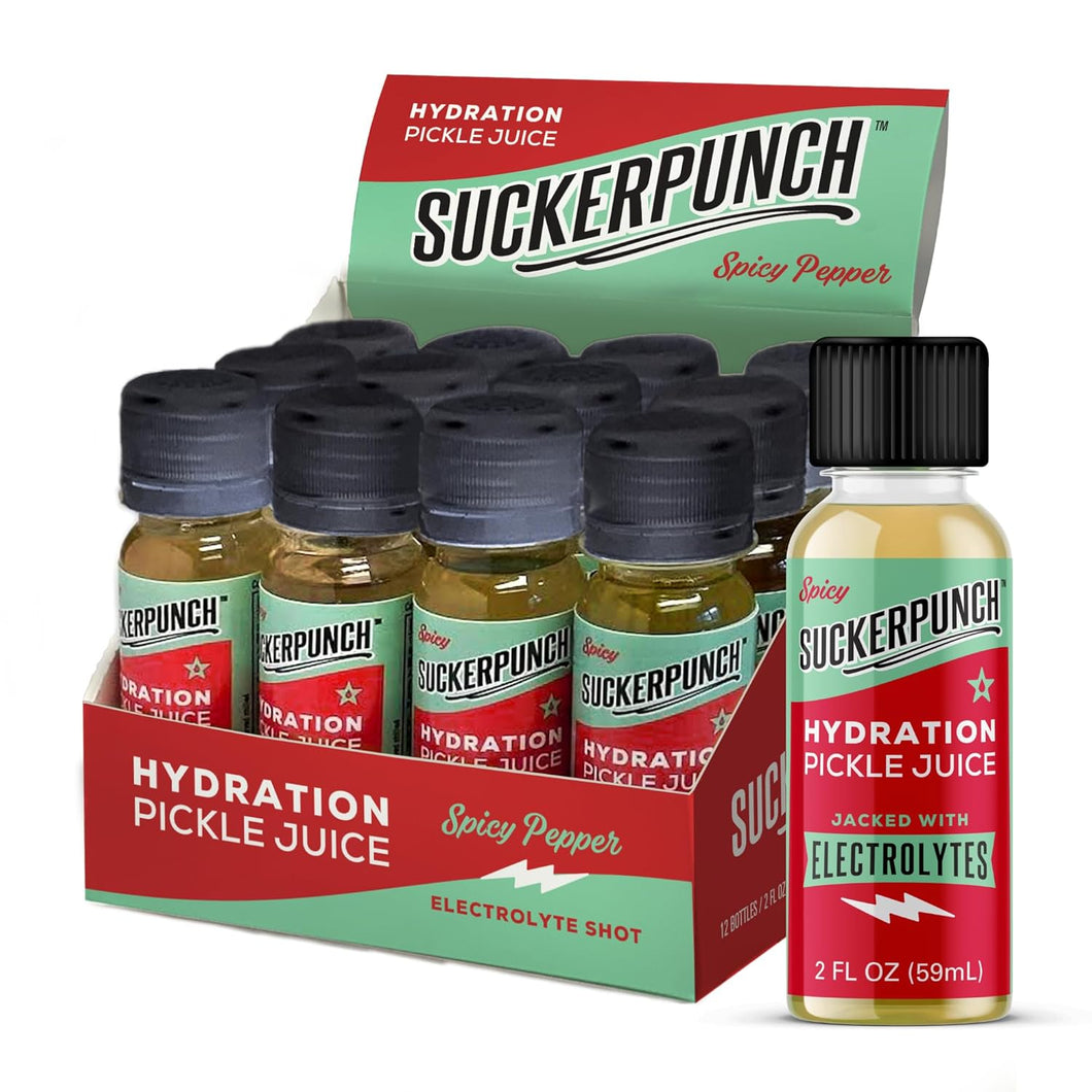 SuckerPunch Electrolyte Pickle Juice Shot, Spicy Pepper, 2oz (Pack of 12)