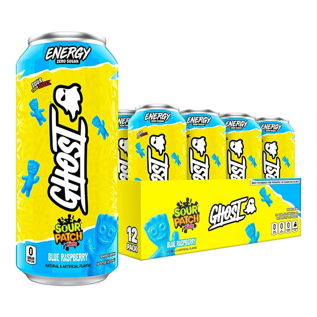 Ghost Energy Drink, Sour Patch Kids Blue Raspberry, 16oz (Pack of 12)