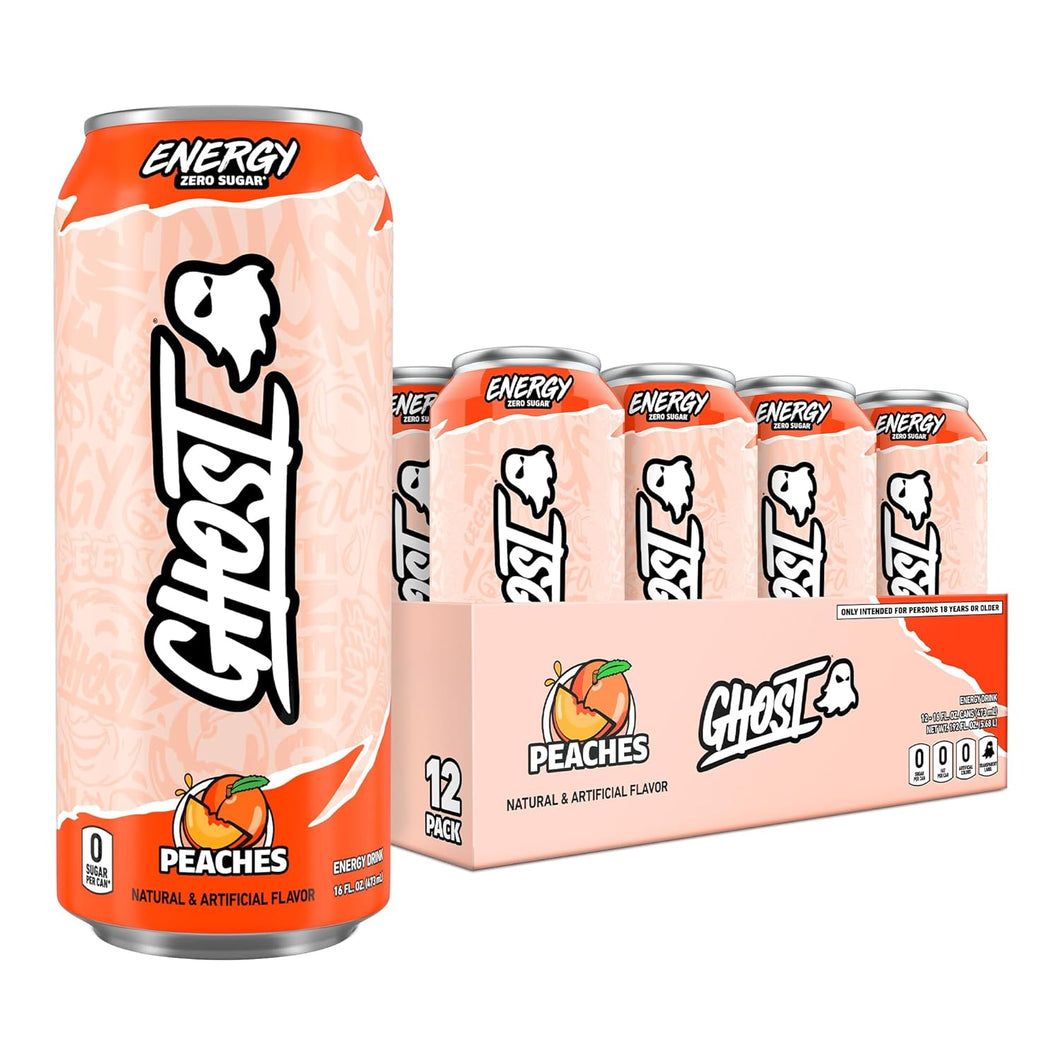 Ghost Energy Drink, Peaches, 16oz (Pack of 12)