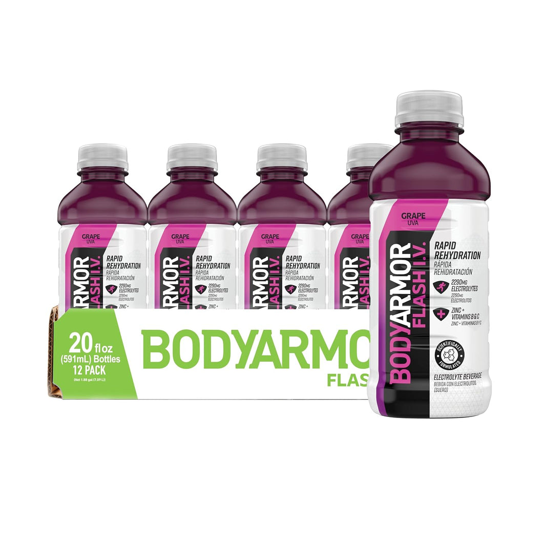 BodyArmor Flash I.V. Rapid Rehydration Electrolyte Beverage, Grape, 20oz (Pack of 12)