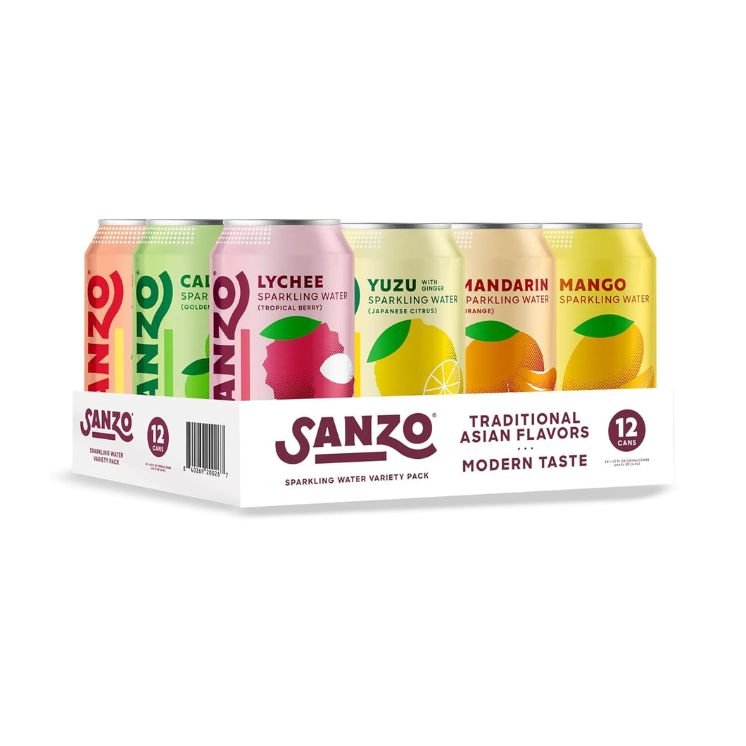Sanzo Flavored Sparkling Water, 6 Flavor Variety, 12oz (Pack of 12)