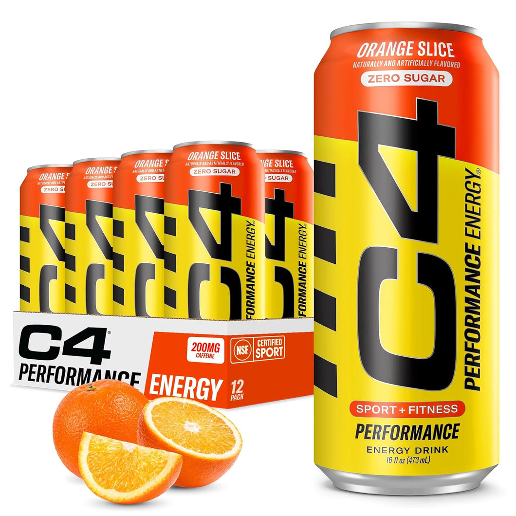 Cellucor C4 Performance Zero Sugar Energy Drink, Orange Slice, 16oz (Pack of 12)