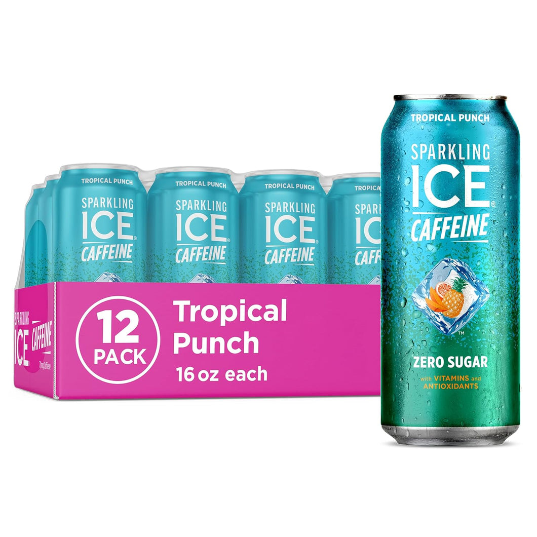 Sparkling ICE Sparkling Water with Caffeine, Tropical Punch, 16oz Cans (Pack Of 12)