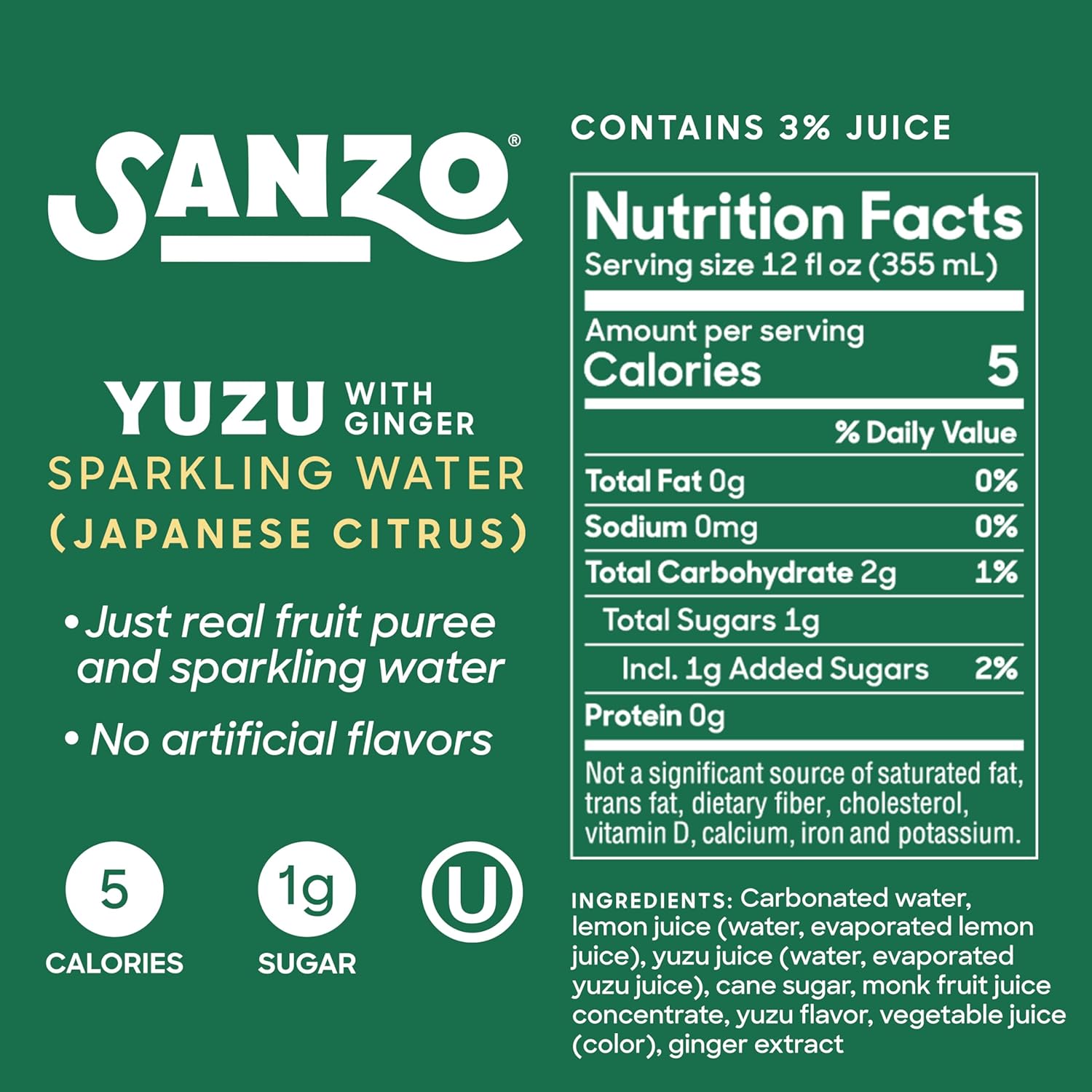 Sanzo Flavored Sparkling Water, Yuzu (Lemon), 12oz (Pack of