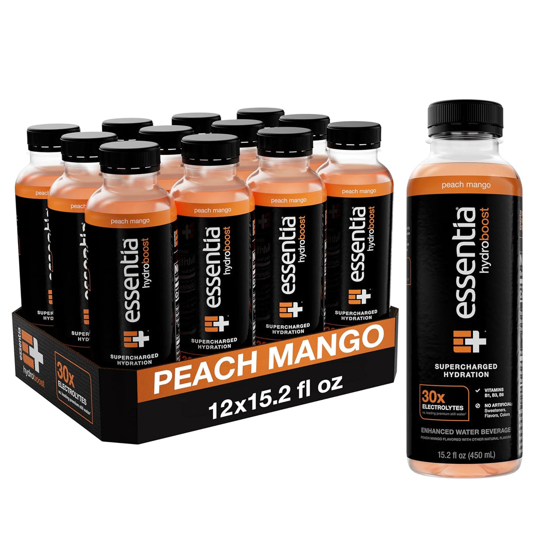 Essentia Hydroboost Enhanced Water, Peach Mango, 15.2oz (Pack of 12)