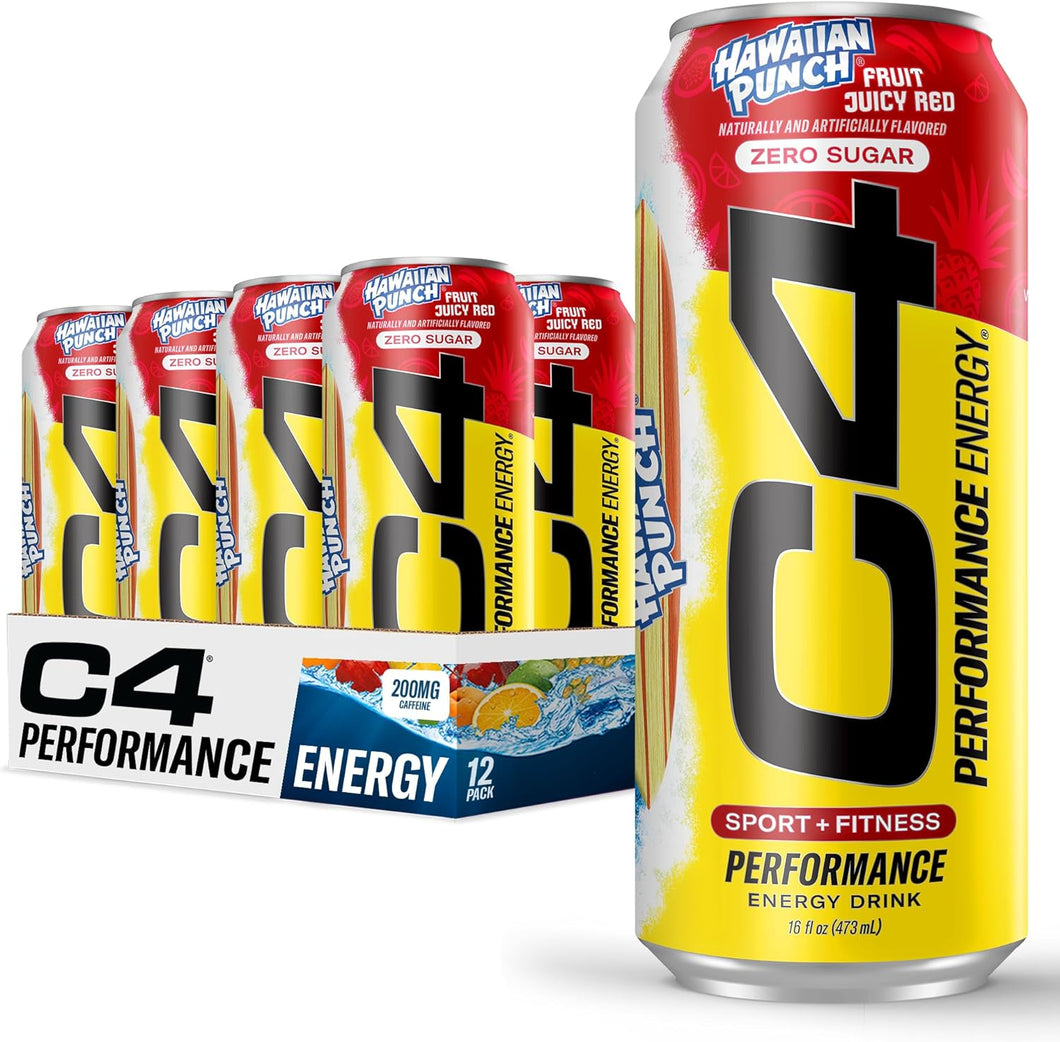 C4 Zero Sugar Energy Drink, Hawaiian Punch, 16oz (Pack of 12)