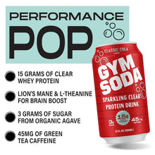 Load image into Gallery viewer, GYM SODA Sparkling Protein Soda, Classic Cola, 12oz (Pack of 12)
