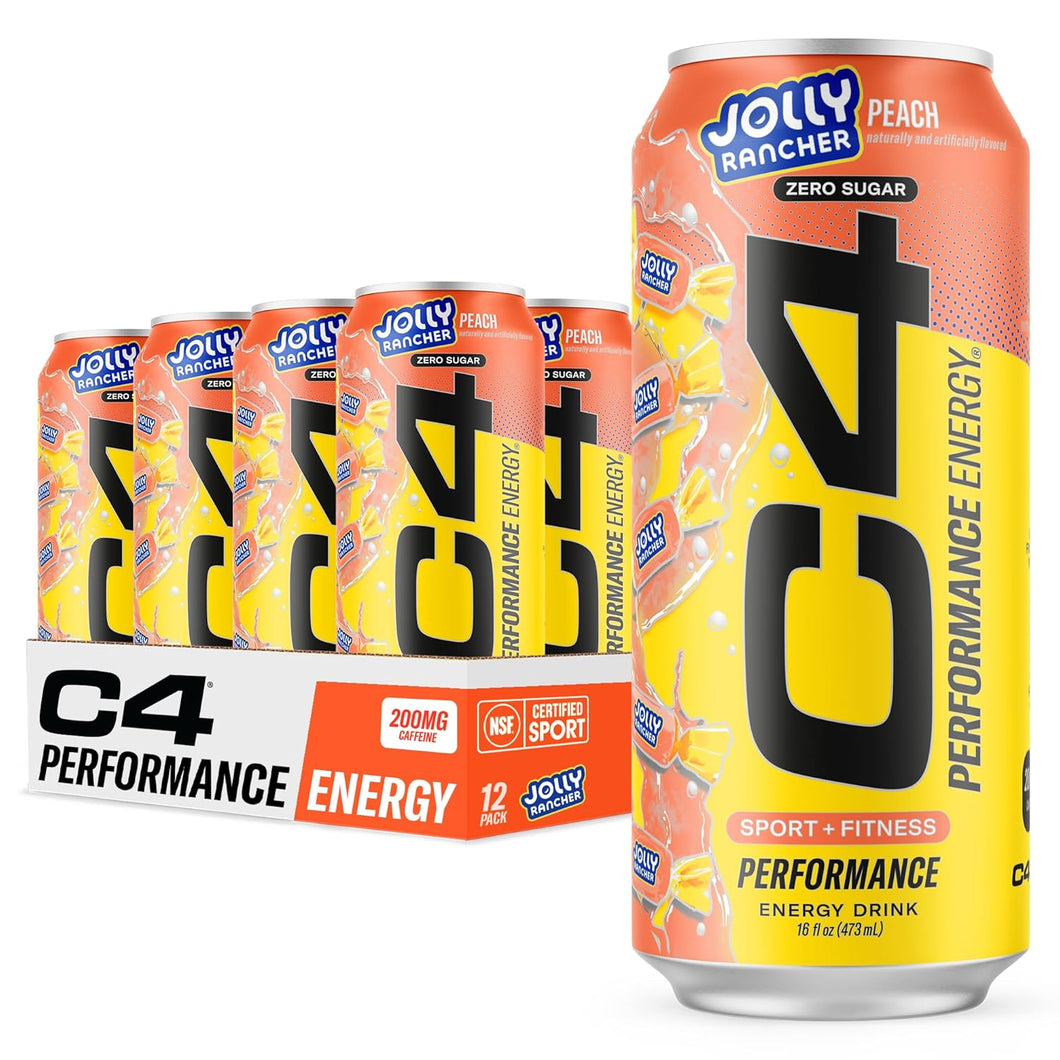 Cellucor C4 Performance Zero Sugar Energy Drink, Jolly Rancher Peach, 16 oz (Pack of 12)