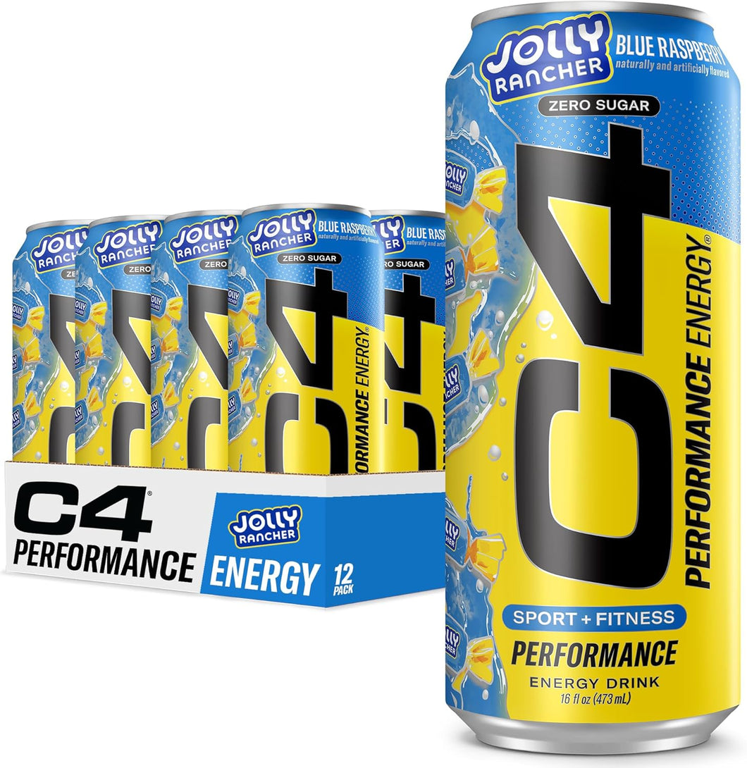 C4 Original Carbonated Zero Sugar Energy Drink, Jolly Rancher Blue Raspberry, 16 FL oz (Pack of 12)