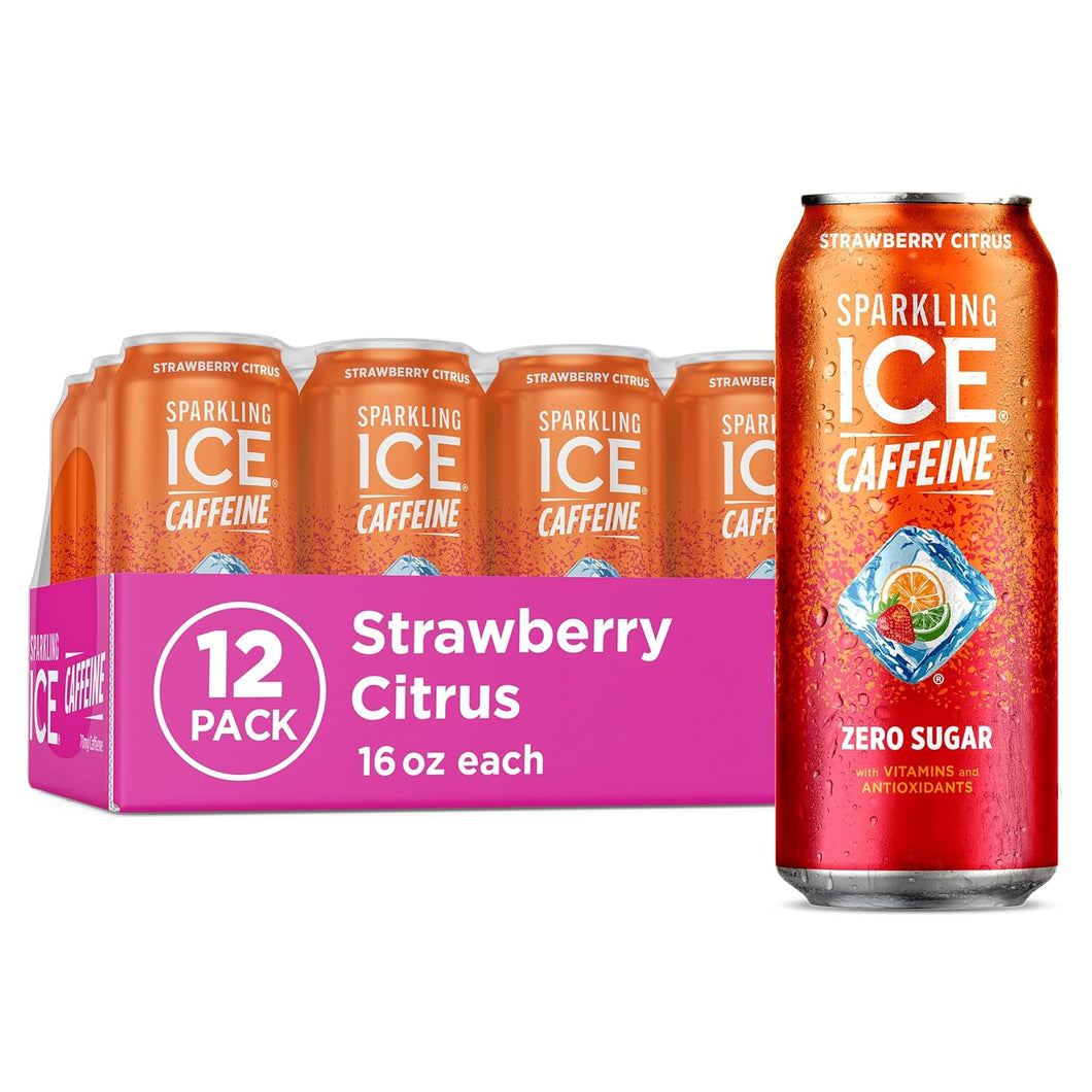 Sparkling ICE Sparkling Water with Caffeine, Strawberry Citrus, 16oz Cans (Pack Of 12)