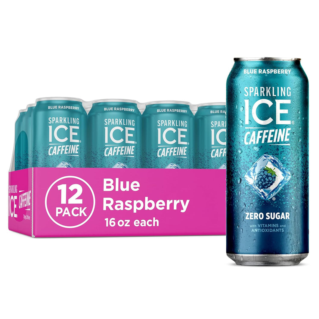 Sparkling ICE Sparkling Water with Caffeine, Blue Raspberry, 16oz Cans (Pack Of 12)