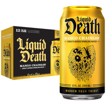 Load image into Gallery viewer, Liquid Death Flavored Sparkling Water, Mango Chainsaw, 12oz (Pack of 12)
