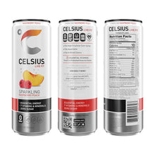 Load image into Gallery viewer, CELSIUS Sparkling Fitness Drink, Raspberry Peach, 12oz Slim Can (Pack of 12)
