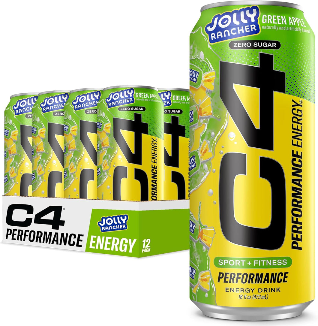 C4 Original Carbonated Zero Sugar Energy Drink, Jolly Rancher Green Apple, 16 oz (Pack of 12)