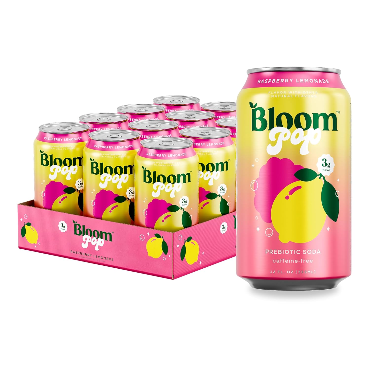 Bloom Pop Prebiotic Soda, Raspberry Lemonade, 12oz (Pack of 12) – Oasis ...